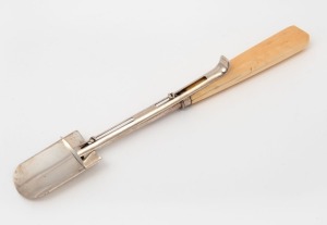 A Georgian sterling silver stilton scoop with ivory handle and push release mechanism, 19th century, 21cm long