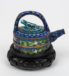 An antique Chinese cloisonne miniature teapot on later carved wooden stand, Qing Dynasty 18th/19th century, ​​​​​​​the pot 7cm high, 9.5cm wide