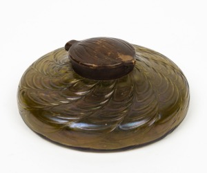 LOETZ&nbsp;(attributed) Bohemian green iridescent glass inkwell with brass top, circa 1900, ​​​​​​​13cm diameter