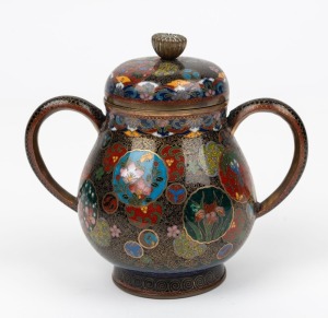 An antique Japanese cloisonne two handled lidded cup, Meiji period, 19th/20th century, ​​​​​​​12.5cm high