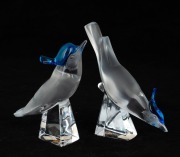 LALIQUE&nbsp;pair of French art&nbsp;glass bird statues with blue hoods, engraved "Lalique, France", the larger 12.5cm high