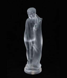 French frosted glass statue of a standing female nude, acid etched mark to base, ​​​​​​​22.5cm high