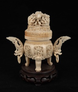 An antique Chinese carved ivory dragon box, on carved timber stand, Qing Dynasty, 19th century, two character mark under lid, ​​​​​​​16cm high overall