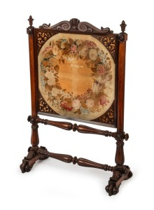 GILLOWS (attributed) antique English carved rosewood fire screen with original floral tapestry panel, early to mid 19th century, 102cm high, 66cm wide, 30cm deep