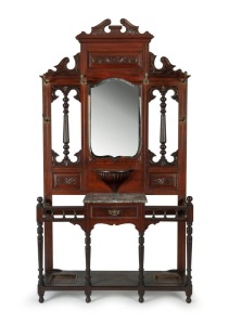 An Australian walnut hallstand with marble top, 19th century, 232cm high, 124cm wide, 36cm deep