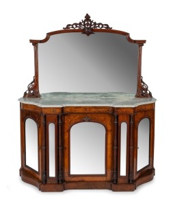 An antique English burr walnut inverted breakfront credenza with marquetry inlay, circa 1875, 180cm high, 154cm wide, 50cm deep