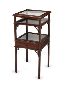 An antique English mahogany bijouterie table, circa 1900, 85cm high, 40cm wide, 40cm deep