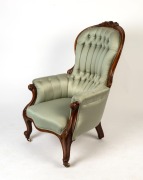An antique Australian carved cedar armchair with green diamond button back upholstery, 19th century, 106cm high, 67cm across the arms - 2