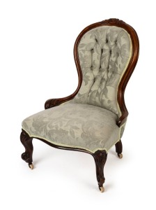 An antique Australian cedar lady's salon chair with sage green upholstery, 19th century, 90cm high