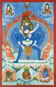 A Tibetan thangka, hand-painted on silk, 20th century, ​​​​​​​72 x 46cm, 96 x 69cm overall