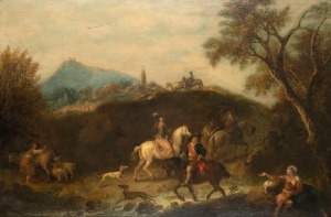 FRANCESCO ZUCCARELLI (1702-1788), (riders and figures in landscape, oil on mahogany board, bearing hand-written label verso "F. Zuccarelli", with additional inventory or possible catalogue labels (illegible), 50 x 75cm, 65 x 90cm overall