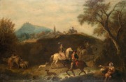 FRANCESCO ZUCCARELLI (1702-1788), (riders and figures in landscape, oil on mahogany board, bearing hand-written label verso "F. Zuccarelli", with additional inventory or possible catalogue labels (illegible), 50 x 75cm, 65 x 90cm overall