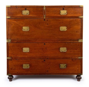 An antique English mahogany campaign chest of five graduated drawers with original brass capped corners and flush drawer handles, circa 1845, 110cm high, 98cm wide, 45cm deep