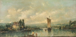 EUROPEAN SCHOOL, (castle and river scene), 19th century, oil on canvas, signed lower left (illegible), 21 x 41cm, 41 x 63cm overall
