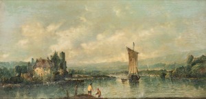 EUROPEAN SCHOOL, (castle and river scene), 19th century, oil on canvas, signed lower left (illegible), ​​​​​​​21 x 41cm, 41 x 63cm overall