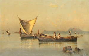 GUISEPPE CORELLI (Italy, 19th century), (fishing in the bay of Naples), oil on canvas, signed lower right "Guiseppe Corelli, Napoli", 33 x 51cm, 45 x 62cm overall