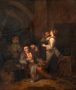 ARTIST UNKNOWN (European School), (tavern interior scene), oil on panel, ​​​​​​​signed lower right (illegible), 33 x 28cm, 49 x 44cm overall