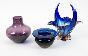 Two blue Murano glass vases, together with a Whitefriars amethyst glass vase, 20th century, (3 items), the largest 26cm high