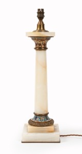 An antique onyx and champleve enamel lamp base, 19th/20th century, converted to electricity, 50cm high overall