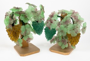 A pair of vintage Murano glass wall sconce lights with bunches of hanging grapes, early to mid 20th century, mounted on later wooden stands, ​​​​​​​40cm high overall