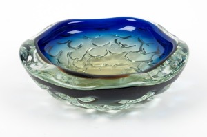 SEGUSO&nbsp;(attributed) blue Murano glass bowl with wave decoration, circa 1960, 26cm wide
