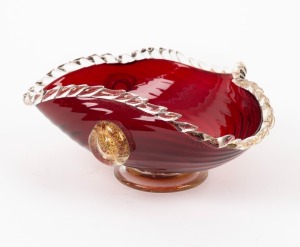 A Murano ruby glass tri-form bowl with aventurine gold inclusions and frilled rim, mid 20th century, 9cm high, 21cm wide