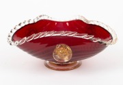 A Murano ruby glass tri-form bowl with aventurine gold inclusions and frilled rim, mid 20th century, 9cm high, 21cm wide - 2