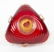 A Murano ruby glass tri-form bowl with aventurine gold inclusions and frilled rim, mid 20th century, 9cm high, 21cm wide - 3