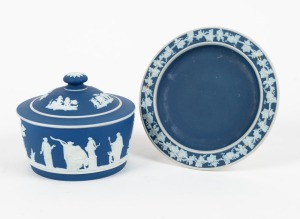 WEDGWOOD Jasper Ware antique English porcelain lidded butter pot and saucer, 19th century, impressed "Wedgwood", the saucer 16cm diameter