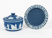 WEDGWOOD Jasper Ware antique English porcelain lidded butter pot and saucer, 19th century, impressed "Wedgwood", ​​​​​​​the saucer 16cm diameter