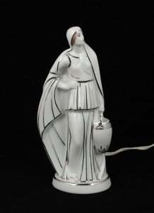 LIMOGES French Art Deco porcelain figural lamp, green factory mark to base, 23.5cm high