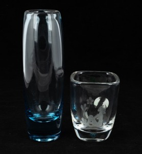 HOLMEGAARD Danish ice blue art glass vase, together with an ORREFORS engraved art glass vase, both signed, 22cm and 11cm high