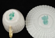 BELLEEK Irish porcelain set of three demi-tasse coffee cups and saucers, ​​​​​​​green factory marks, the saucers 11.5cm diameter - 2
