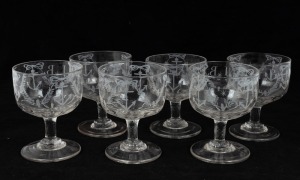 Six assorted antique English glasses, 18th/19th century, acid etched with anchors and ownership initials "I * B", 10.5cm high