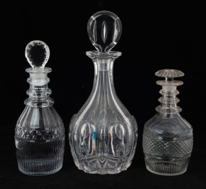 Three assorted antique decanters including fine triple ring English cut crystal example with target stopper, 19th century, the largest 31cm high