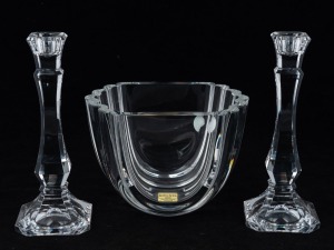 KOSTA BODA Swedish clear glass bowl, together with a pair of crystal candlesticks, 20th century, (3 items), the candle sticks 21cm high