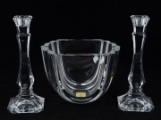 KOSTA BODA Swedish clear glass bowl, together with a pair of crystal candlesticks, 20th century, (3 items), the candle sticks 21cm high