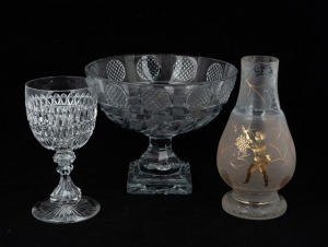 A fine antique Bohemian cut crystal goblet, together with an antique crystal compote and an antique intaglio cut crystal vase with gilded highlights, 19th century, (3 items). Note: Vase and compote both restored. The goblet 18.5cm high