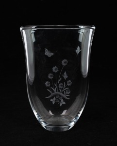 ORREFORS Swedish clear glass vase with engraved floral and butterfly decoration, engraved "Orrefors", ​​​​​​​20cm high