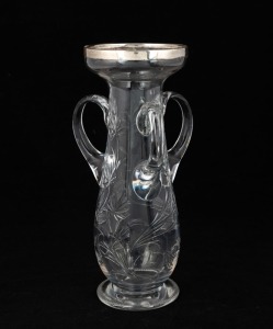 An antique English cut crystal three handled vase with sterling silver rim, ​​​​​​​25cm high