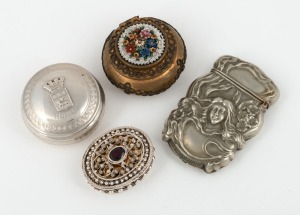 A French silver "Rouen" pill box, an American silver vesta in the Art Nouveau style, a micro mosaic and gilt metal pill box, and a filigree example with cut stone, 19th and 20th century, (4 items), the vesta 6.5cm high