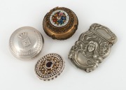 A French silver "Rouen" pill box, an American silver vesta in the Art Nouveau style, a micro mosaic and gilt metal pill box, and a filigree example with cut stone, 19th and 20th century, (4 items), the vesta 6.5cm high