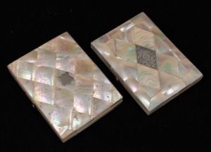 Two antique mother of pearl calling card cases with silver name plaques, 19th century, 10.5cm wide