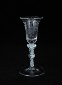 An antique wine glass with flared rim, air twist stem and etched bird and grape decoration, ​​​​​​​15.5cm high