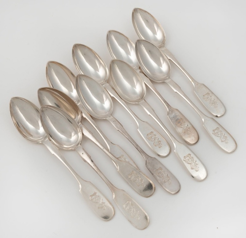 Set of ten antique Russian silver spoons with engraved monogram crests, 19th century, ​​​​​​​17cm long, 330 grams total