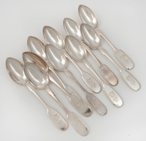 Set of ten antique Russian silver spoons with engraved monogram crests, 19th century, 17cm long, 330 grams total