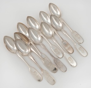 Set of ten antique Russian silver spoons with engraved monogram crests, 19th century, ​​​​​​​17cm long, 330 grams total