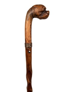 An antique walking stick with carved wooden dog's head handle with glass eyes, metal collar, blackthorn shaft and brass ferrule, 19th century, 89cm high