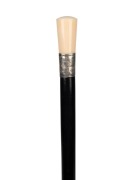 An antique walking stick with turned ivory handle, engraved silver collar with dedication, ebony shaft and brass ferrule, 19th century, 88cm high