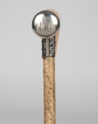 A whalebone shaft walking stick with whale's tooth handle, silver collar and cap, 84cm high - 2